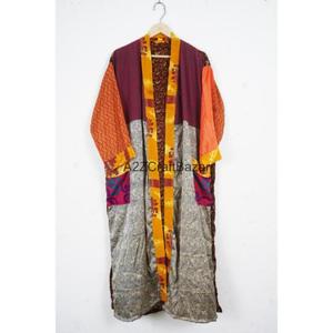 Handmade Luxury Elegant Patchwork 100% Pure Silk Women's Kimono Robe Boho Duster Jacket Beach Cover-Up V-neck Drawstring - Product Image 3