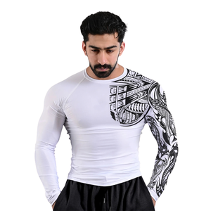 Custom <b>Mens</b> <b>White</b> Black Graphic <b>Long</b> <b>Sleeve</b> Compression Shirt Crewneck Fitted Gym Training Rash Guard Athletic Sports Base Layer - Product Image 6