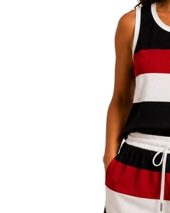 Ensemble de pyjama en satin pour femme, rayures noires, rouges et blanches, débardeur sans manches avec short à cordon, tenue de détente de luxe - Product Image 2