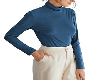 Haut à col roulé bleu pour femme, manches longues, tricot uni, coupe ajustée, respirant, style minimaliste, à porter toute l'année, best-seller - Product Image 4