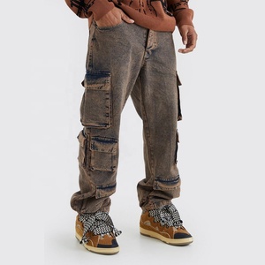 Jeans cargo modernes délavés à l'acide pour hommes avec coutures renforcées Poches fonctionnelles Étiquettes personnalisables et image de marque - Product Image 1