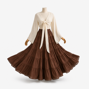 Cotton Natural Waist Tiered Floor-Length Casual <b>Boho</b> Summer Beach Vacation Lightweight A-Line Design Ruffles <b>Skirt</b> - Product Image 1