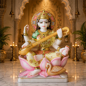 Statue de Saraswati Mata en marbre blanc |   Statuette de Saraswati en marbre avec Veena |   Idole de la déesse Saraswati par MALIYAS Jaipur - Product Image 1