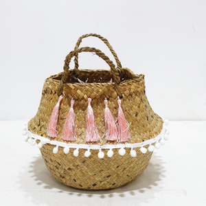 New Design Circle Durable Palm Leaf Storage <b>Basket</b> Pink Tassel Woven Laundry Bin <b>Foldable</b> with Handle - Product Image 4