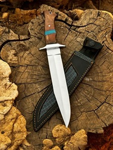 Cuchillo de caza hecho a mano de acero inoxidable de espiga completa con mango de madera, hoja de punta caída, funda de cuero negro, herramienta de supervivencia para exteriores - Product Image 4