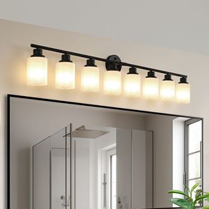 Specchio da Bagno Moderno a 8 Luci, 52 Pollici, Vetro Smerigliato Bianco con Cornice in Ferro Nero, Applique da Parete Contemporanea per Camera da Letto - Product Image 1