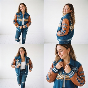 Chaqueta Varsity para Mujer, Cuerpo de Lana, Mangas de Cuero, Parche con Letras Bordadas, Cuello Camisero, Estilo Urbano - Product Image 5