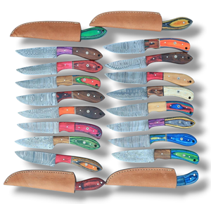 Lote de 20 Cuchillos de Caza de Acero de Damasco Forjados a Mano, Mango de Madera, Funda de Cuero, Hoja Fija, Cuchillo Utilitario de Borde Recto - Product Image 1