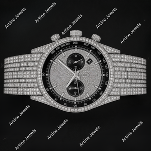 Montre chronographe en argent sertie de cristaux, lunette tachymètre noire, style diamant de luxe, montre de caractère pour homme - Product Image 3