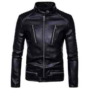 Blouson de moto en similicuir PU grande taille pour homme, col montant, fermeture éclair, style motard - Product Image 3