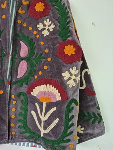 Handmade Grey <b>Velvet</b> Suzani Embroidered <b>Jacket</b> with Floral Print Full Sleeve Stand Collar Bohemian <b>Women's</b> Winter Coat - Product Image 6