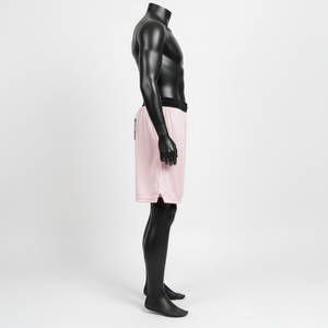 Shorts de baño de malla de poliéster de alta calidad, color rosa suave, panel de cintura negro, logotipo personalizado con transferencia térmica, secado rápido, shorts de malla para hombre - Product Image 2