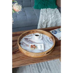 Plateau de service rond en bois Art Déco, fait main, avec incrustation de marbre, finition solide et durable, pour la vente en gros - Product Image 3