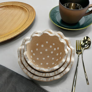 Handmade Durable Scalloped Wood Nesting <b>Bowls</b> Set Rustic <b>White</b> Polka Dot Decorative <b>Serving</b> <b>Bowl</b> Fruit Salad Home Decor - Product Image 2