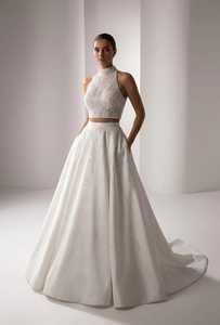 Hand Beaded Sleeveless Strapless A-Line Bridal Dress Zipper Crystal Embroidery Draped Satin Skirt Natural Waistline Floor-Length - Product Image 3