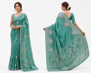 Sari de Seda Georgette Verde Mar para Bodas Tradicionales, con Bordado a Mano y Espejos, de Secado Rápido y Sin Arrugas, para Fiestas - Product Image 2
