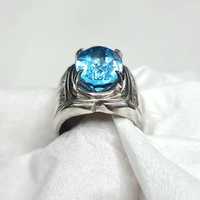 Topaze bleue naturelle, coupe ovale, certifiée IGI, pour bague unisexe vintage en argent sterling 925 plaqué rhodium, fabrication artisanale, cadeau de luxe