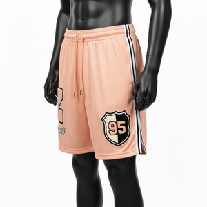 กางเกงว่ายน้ำชายผ้าโพลีเอสเตอร์คุณภาพสูง สีพีชอ่อน ดีไซน์แถบข้างแบบพิเศษ พิมพ์ลายและโลโก้ตามสั่ง - Product Image 5