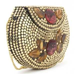 Round Gold Plated Brass Clutch <b>Bag</b> With <b>Studs</b> Flower Design Folk Art Metal Craft Collectible - Product Image 1