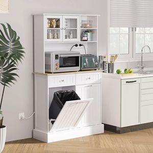 Armadio dispensa bianco autoportante da 68 pollici con 2 unità inclinabili e stazione di ricarica integrata, in legno di betulla, per sala da pranzo - Product Image 2