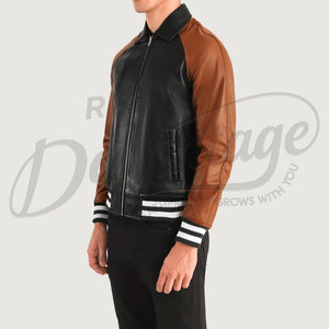 Blouson aviateur en cuir bicolore noir et marron pour homme avec col chemise classique et poignets côtelés rayés - Product Image 5