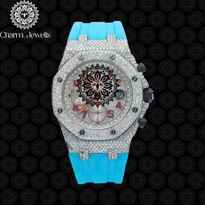 Charm Jewells Luxury Men's Watch 40mm Stainless Steel Case Diamond Encrusted Silicone Band Analog Mechanical <b>Chronograph</b> Auto - Product Image 5