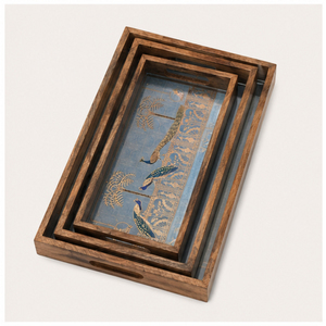Ensemble de luxe de 3 plateaux de service en bois faits à la main, gravure traditionnelle en or paon, finition émail, pour la décoration de la maison à bas prix - Product Image 1