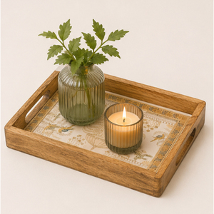 Ensemble de 2 plateaux de service en bois faits à la main, art traditionnel Pichwai Paon et gravure dorée, finition émail pour la décoration intérieure - Product Image 4