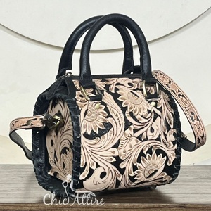 2026 Elegant Hand Tooled Genuine Leather Travel Duffel Bags Trendy Floral Pattern Small crossbody shoulder Speedy Fashion Bags - Product Image 1