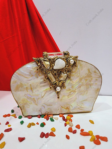 Indian Handcrafted Mother Of <b>Pearl</b> Evening <b>Clutch</b> With Organic Gemstone Accent Luxury Bridal Party Statement Bag - Product Image 3