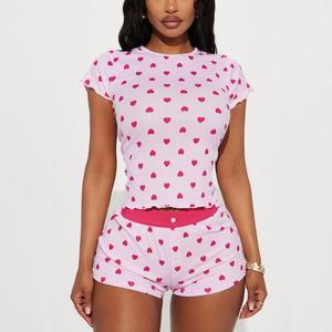 ชุดนอนผ้าถักลายหัวใจสไตล์ยุโรปอเมริกันแบบใหม่ ชุดสองชิ้น เสื้อสายเดี่ยว กางเกงขาสั้น สำหรับฤดูใบไม้ผลิ เหมาะสำหรับผู้หญิง - Product Image 4