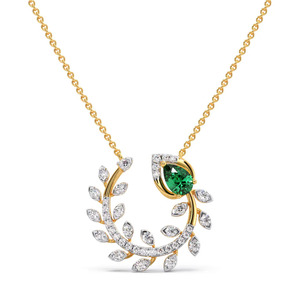 Green Teardrop Leaf <b>Wreath</b> Diamond Necklace with Botanical Branch <b>Frame</b> and Elegant Nature Inspired Design - Product Image 1