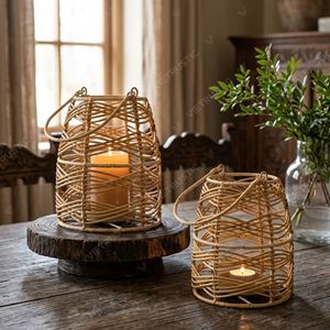 Farol de Ratán Abierto Estilo Costero, Portavelas Colgante, Jaula para Velas, Farol de Jardín, Portavelas de Cristal, Luz Decorativa para Interiores del Hogar - Product Image 5