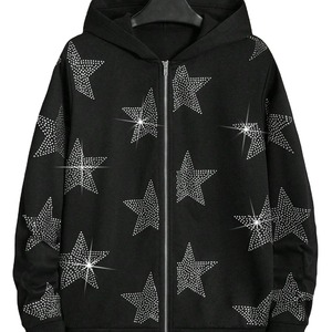 Sweat à capuche polaire pour homme avec strass, noir, à manches longues, respirant, confortable, avec fermeture éclair, coupe oversize - Product Image 1