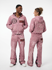 Pro Felt Custom Clothing Manufacturer Stylish <b>Red</b> Vintage Tracksuit for Unisex Custom Distressed Hoodie & Denim Pants Denim <b>Suit</b> - Product Image 5