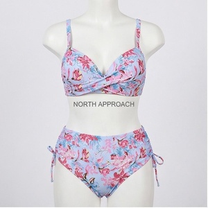 Floral Print Two Piece <b>Bikini</b> <b>Set</b> Women High Waist Crossed Halter Top With Drawstring Bottoms Stretch Swimwear - Product Image 1