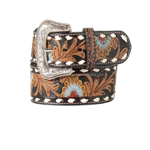 Ceintures de cowboy vintage en cuir tanné végétal à motif floral gaufré pour hommes, avec boucle ardillon antique et cuir travaillé - Product Image 2