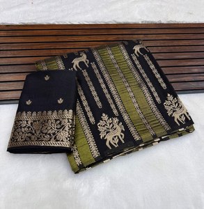 Tissu Jacquard Royal Wilderness Designer, Motif Cerf Traditionnel, Premium Khadi Crap Georgette, Tissage Jari, Teinture à la Main, pour Mariage et Diwali - Product Image 1
