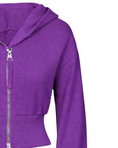 Sudadera con capucha corta morada para mujer, ajustada, de manga larga, de algodón y forro polar, estilo casual urbano, con logotipo personalizado, fabricación ODM - Product Image 4