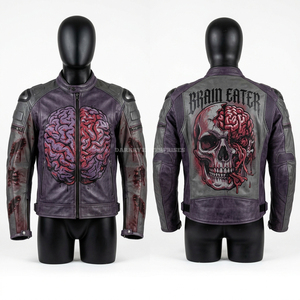 Fire Skeleton Flame Print <b>Racing</b> Leather <b>Jacket</b> Mens Distressed Black Orange Motorbike Biker Protective Coat Graphic Fashion - Product Image 4