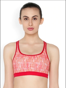 Sujetador deportivo estampado para mujer con espalda cruzada, cuello redondo, soporte medio, transpirable, para fitness y entrenamiento, top deportivo con ribete en contraste rojo - Product Image 6