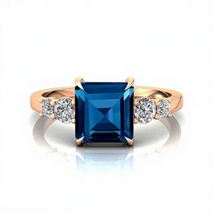 Meilleure vente Bague solitaire halo en or massif 14 carats à l'aspect tendance avec topaze bleue de Londres naturelle et diamants 0.32 véritables OEM - Product Image 1