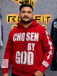 Sweat-shirt à capuche rouge pour homme Rexfit, personnalisé avec l'impression « Chosen By God », fermeture éclair, style streetwear décontracté, en coton French Terry, très vendu. - Product Image 2