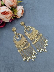 Designer Peacock Motif Chandbali Long Tassel Pearl Chandelier <b>Earrings</b> Traditional Ethnic Festive Wear <b>Fashion</b> <b>Earring</b> Wholesale - Product Image 3