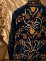 Manteau d'hiver en velours luxueux à motifs botaniques, broderie florale complexe inspirée de l'art traditionnel ouzbek, veste pour femme