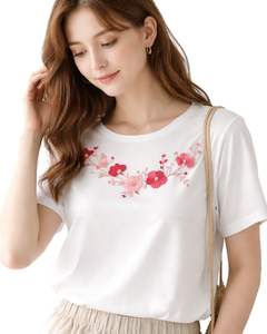 Camiseta blanca con bordado floral para mujer, camiseta informal de algodón suave con cuello redondo, camiseta de verano de manga corta, camiseta ligera y cómoda a la moda - Product Image 1