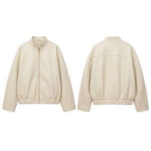 White Cream PU <b>Women</b> Leather Jacket High Quality Fold Shirt Neck Breathable Comfortable Plain Sleeves <b>Womens</b> <b>Coats</b> - Product Image 3