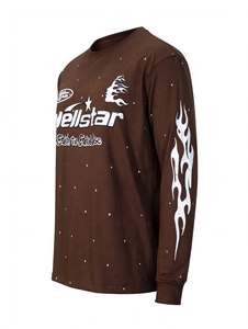 Camiseta Personalizada de Manga Larga Color Marrón Oscuro, Algodón Grueso, Diseño Vintage con Estampado de Llamas, Estilo Urbano Holgado, Unisex, Hip Hop - Product Image 5