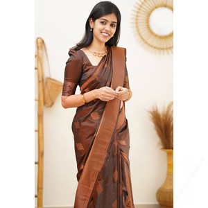 Sari en soie traditionnel avec bordure Zari et pièce de blouse pour femme, couleur marron, pour mariage et occasions spéciales - Product Image 1