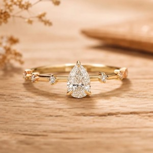 Minimalist Bridal Band 10K 14K 18K Solid Solid Gold IGI Certified Fine Side Stone Jewelry Pear & Round Lab Diamond <b>Wedding</b> Ring - Product Image 1